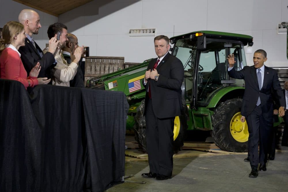 President Barack Obama arrives at Michigan State University in East Lansing, Mich. to speak about the farm bill, which he signed on Friday, Feb. 7, 2014. (Jacquelyn Martin/AP)