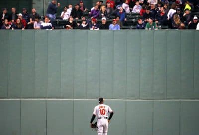 Baltimore Orioles' Adam Jones looks up at fans during a baseball game against the Red Sox, Tuesday, May 2, 2017, at Fenway. (Michael Dwyer/AP)