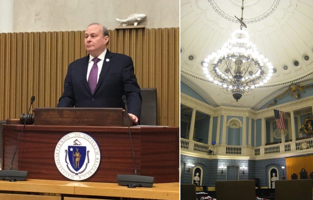 The Senate even brought with it a temporary version (left) of the "Holy Mackerel" that hangs above the chandelier in the Senate Chamber (right). (Left: Steve Brown/WBUR Right: Logan Ingalls/Flickr)