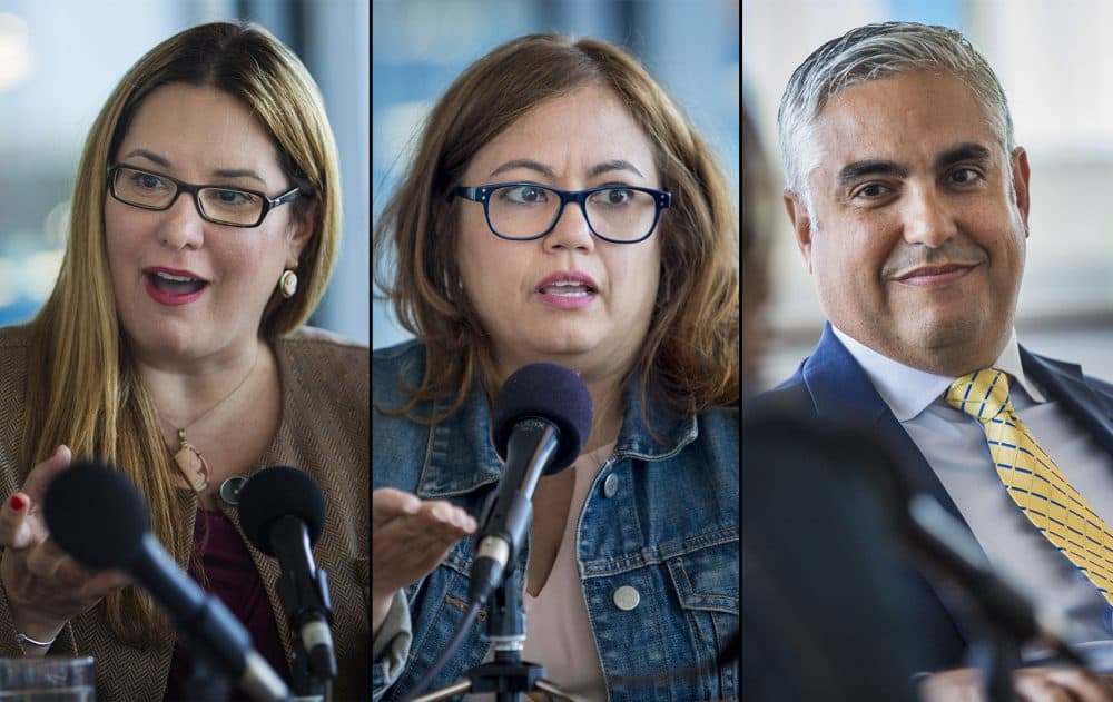 From left: Eneida Roman, Ivys Fernandez-Pastrana and Juan Carlos Morales (Jesse Costa/WBUR)