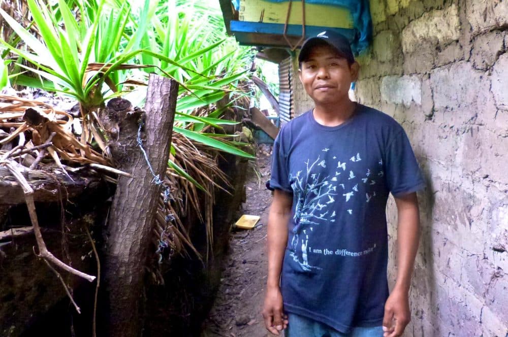 Coffee picker Jose Roher Lopez beside one of his beehives. He started the microbusiness because the decline of coffee picking opportunities was forcing him to go farther and farther from home during the picking season. (Karyn Miller-Medzon/Here & Now)
