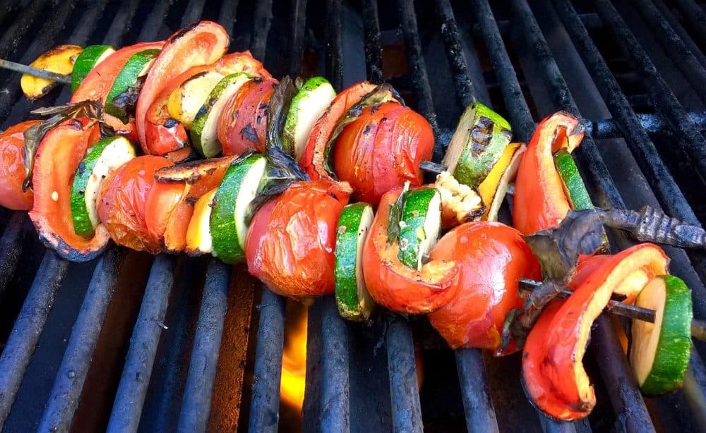 Kathy's vegetable kebabs on the grill. (Kathy Gunst for Here & Now)