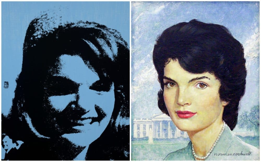 Andy Warhol's silkscreen of "Jackie, 1964," next to Norman Rockwell's oil portrait of Jackie Kennedy in 1963. (Courtesy Andy Warhol Foundation for the Visual Arts and the Collection of Mica and Richard Hadar)