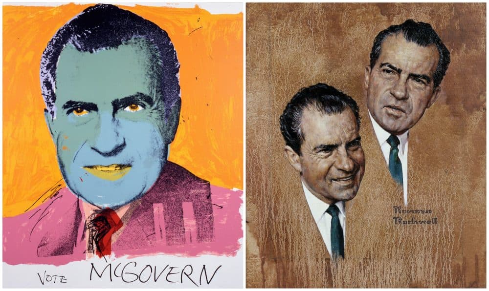 Andy Warhol's version of Richard Nixon in "Vote McGovern, 1972," next to Norman Rockwell's painting "The Puzzling Case of Richard Nixon, 1967." (Courtesy Andy Warhol Foundation for the Visual Arts and Normal Rockwell Family Agency)
