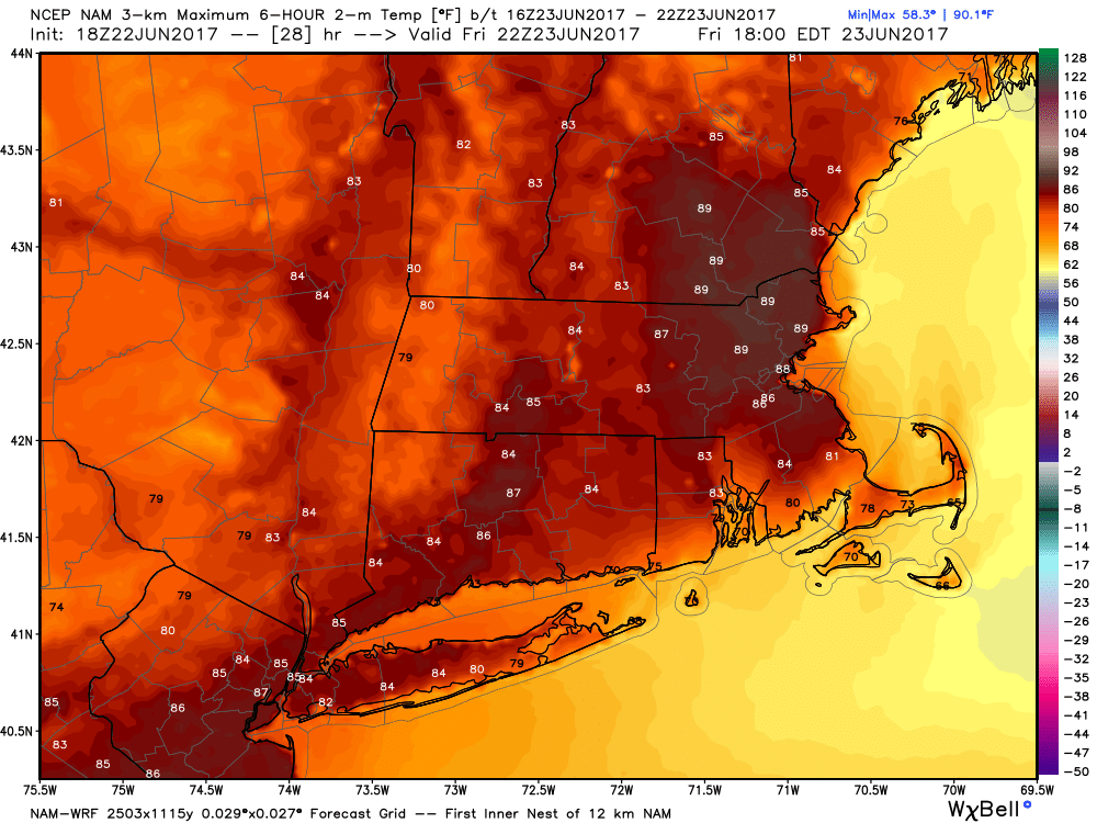 Temperatures reach well into the 80s later Friday. (Courtesy WeatherBell)