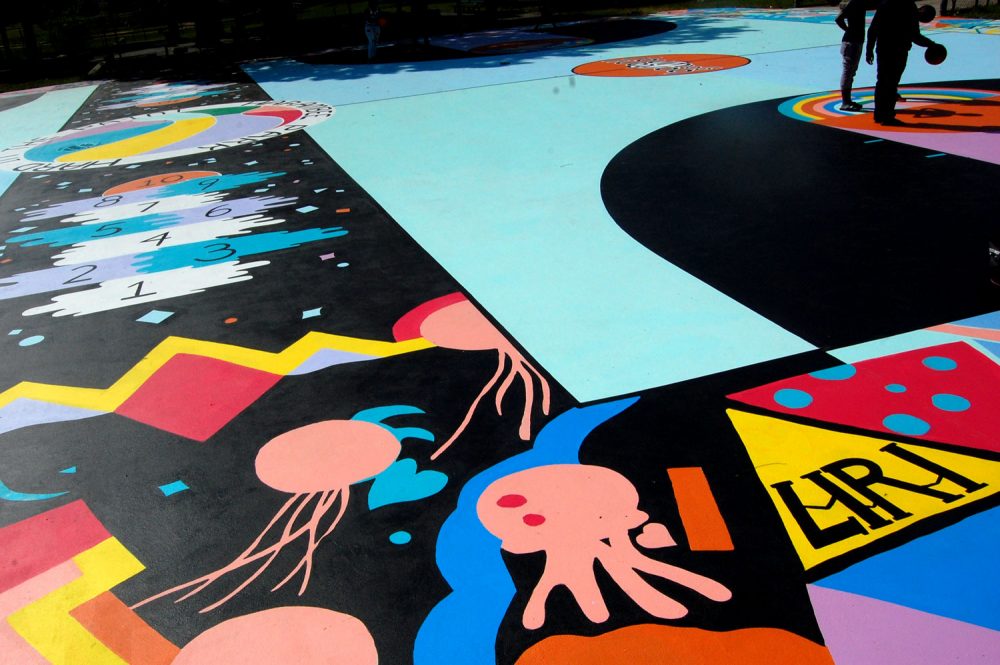 Maria Molteni's "Hard In the Paint" basketball court mural at Boston's Harambee Park. (Greg Cook)