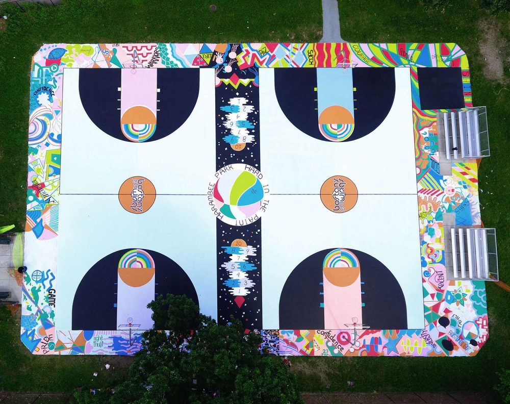 Aerial view of Maria Molteni's "Hard In the Paint" basketball court mural at Boston's Harambee Park. (Alan Shapiro)