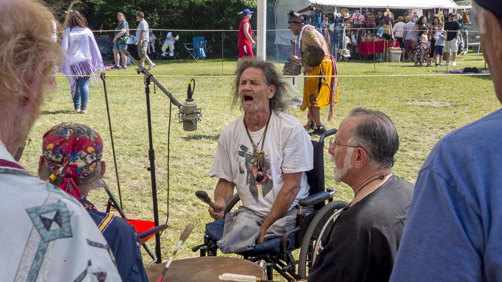 Native musicians perform at the Wollomonuppoag Inter-Tribal Council Powwow in Attleboro, Mass. (Max Larkin/WBUR)