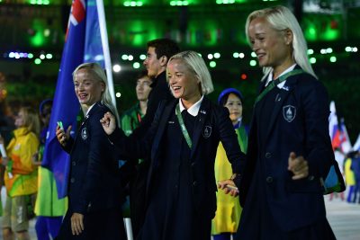 Estonia's triplets (Leila, Liina and Lily Luik) march during the closing ceremony of the Rio 2016 Olympic Games. (Leon Neal/AFP/Getty Images)