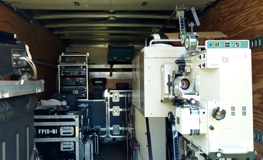 The truck holding all of Boston Light & Sound's equipment for the movie. (Courtesy Coolidge Corner Theatre)