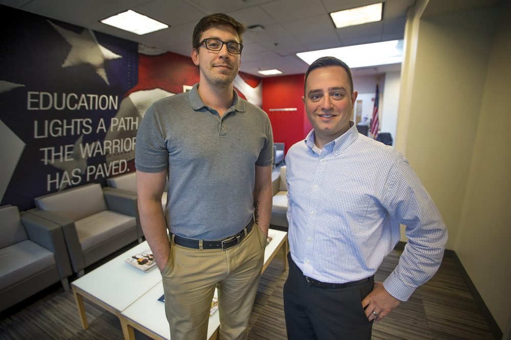 Max Spahn and Andy McCarty at the Center for the Advancement of Veterans and Servicemembers at Northeastern University. (Jesse Costa/WBUR)