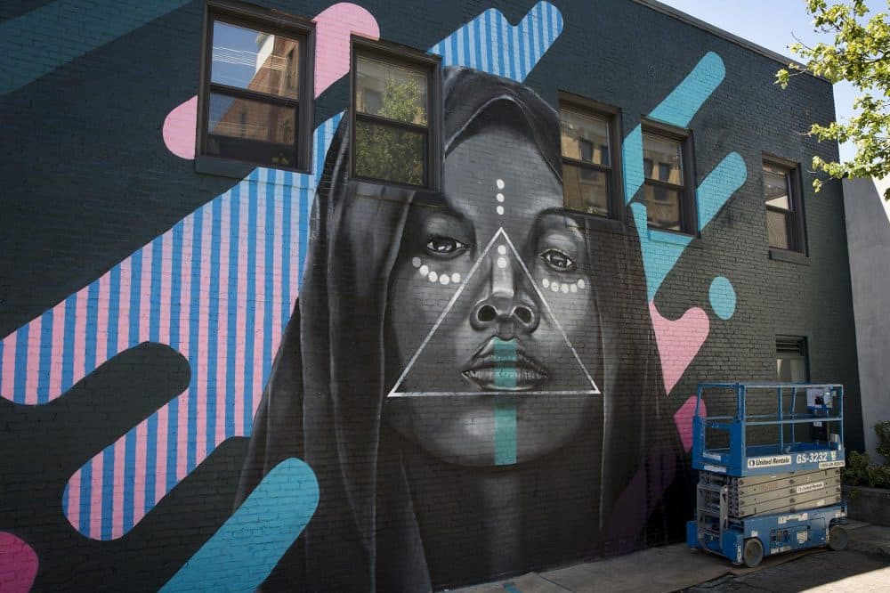 Cedric "Vise" Douglas and Julez Roth's mural on Munroe Street in Lynn. (Robin Lubbock/WBUR)