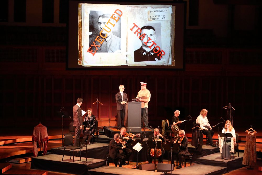 The Emerson String Quartet at Tanglewood on Wednesday night. David Strathairn and Jay O. Sanders stand in back at the lectern. (Courtesy of Hilary Scott)