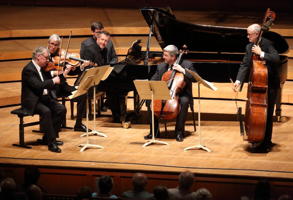 Members of the Emerson String Quartet, Thomas Adès at the piano and BSO principal bassist Edwin Barker perform Schubert's "Trout Quintet" Thursday night. (Courtesy of Hilary Scott)