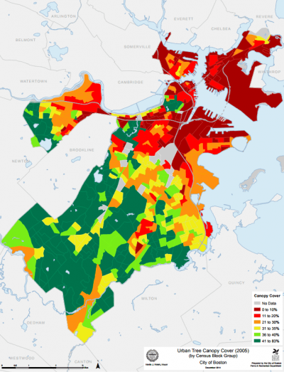 Click to enlarge: Boston tree cover, in 2005. East Boston is the neighborhood at top right. (Courtesy city of Boston)