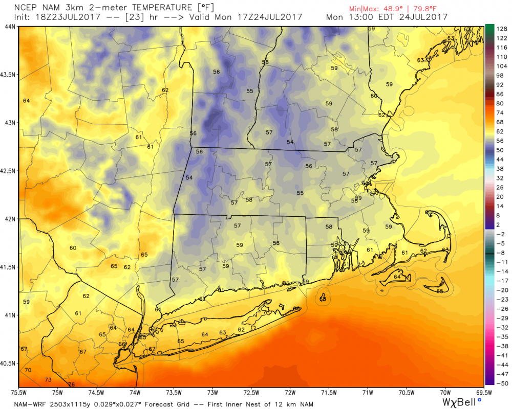Perhaps record cool temperatures are coming today. (Courtesy WeatherBell)