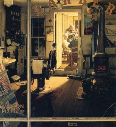 A closeup of Norman Rockwell's "Shuffleton's Barbershop."