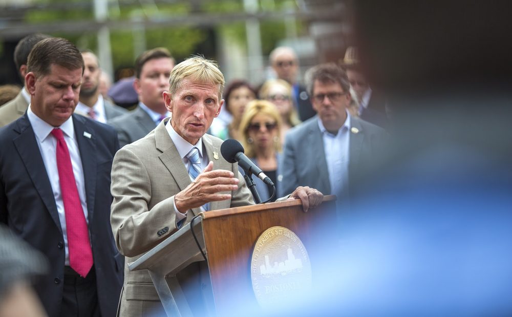 Boston Police Commissioner William Evans speaks during a press conference Monday, during which city and state officials called for organizers behind a controversial free speech rally set for Saturday in Boston to reschedule their event in light of the violence in Charlottesville. (Jesse Costa/WBUR)