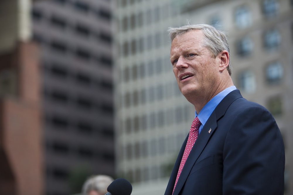 Gov. Charlie Baker speaks to the media during an August 2017 press conference. (Jesse Costa/WBUR)