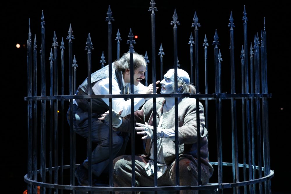 Dr. Frankenstein (Tommy Labanaris) and his Monster (Brian Padgett) in "Young Frankenstein." (Courtesy Paul Lyden/NSMT)