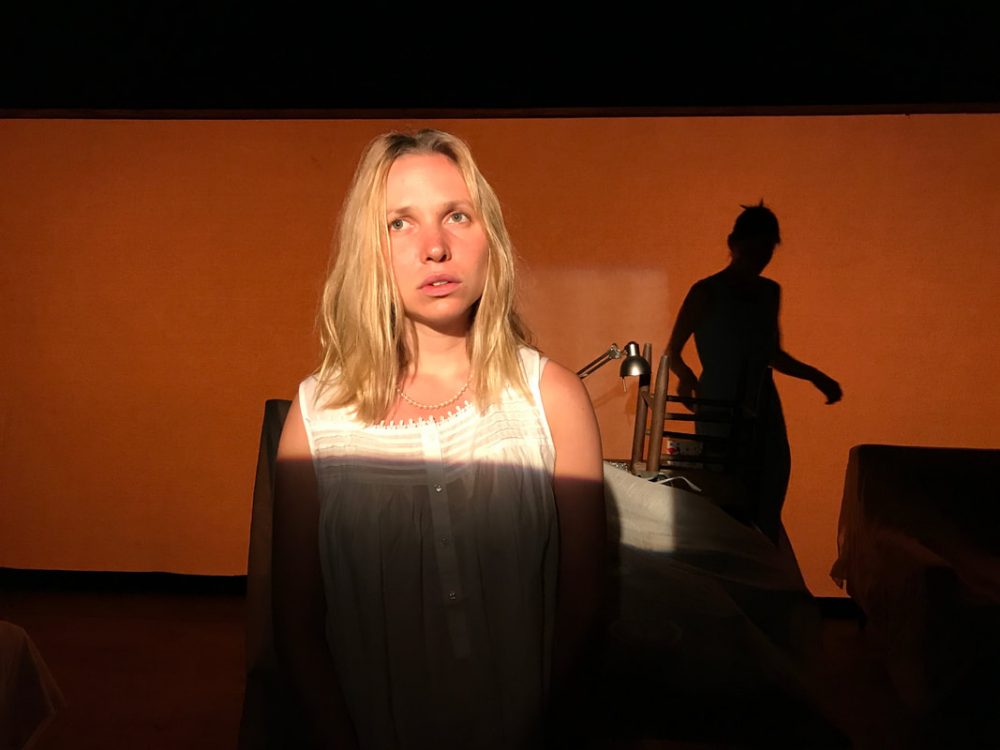 Jane Stiles O’Hara, with Brenda Withers' silhouette in the back. (Courtesy Joe Kenehan/Harbor Stage Company)