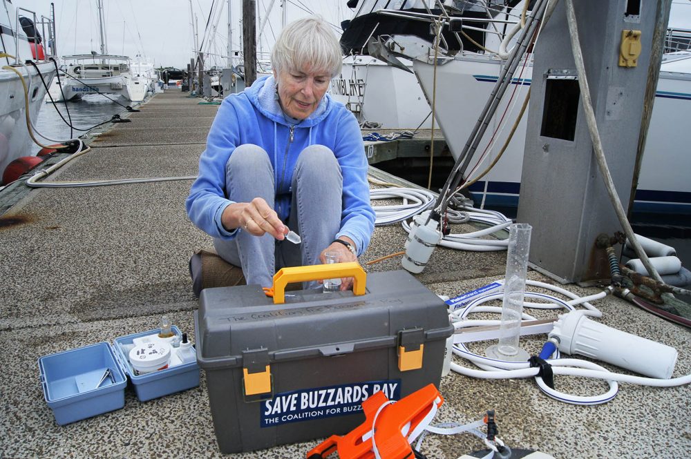 Chris Parks, a volunteer for the Buzzards Bay Coalition, tests water conditions at Fairhaven Shipyard near New Bedford. (Lynn Jolicoeur/WBUR)