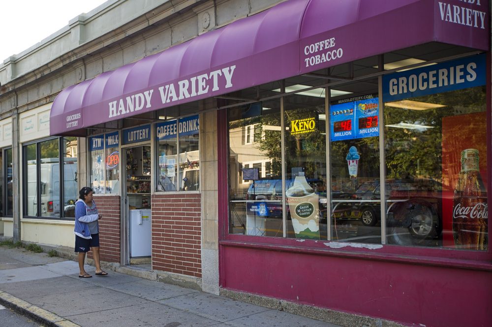 The Handy Variety convenience store in Watertown hours after the Massachusetts State Lottery erroneously said the store had sold the winning Powerball jackpot ticket. (Jesse Costa/WBUR)
