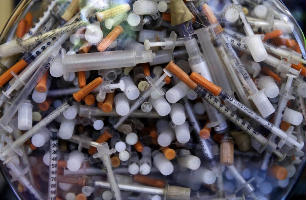 Hypodermic needles that were recovered from the Merrimack River in 2016, at the Clean River Facility facility in Methuen, Mass. (Charles Krupa/AP)