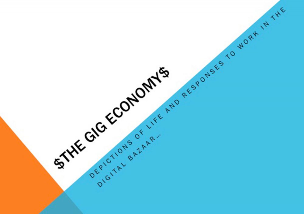 Poster for “25th Drawing Show -- The Gig Economy: Depictions of Life and Responses to Work in the Digital Bazaar" by Robert Moeller. (Courtesy Boston Center for the Arts)