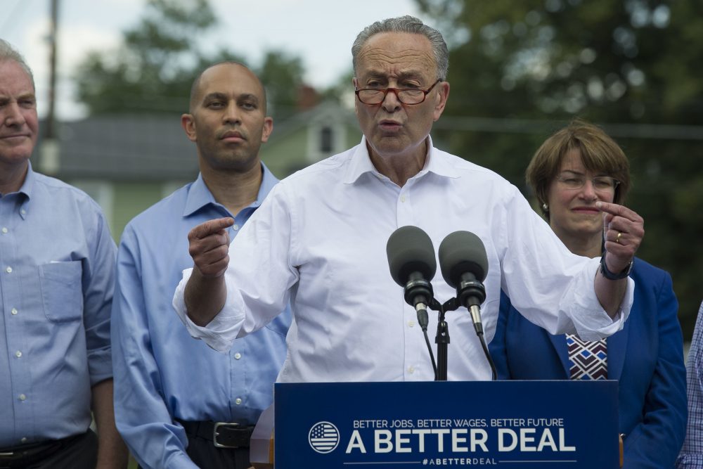 Senate Minority Leader Chuck Schumer of N.Y., accompanied by Congressional Democrats, speaks in Berryville, Va., July 24, 2017, to unveil their new agenda. From left are, Sen. Chris Van Hollen, D-Md., Rep. Hakeem Jeffries, D-N.Y., Schumer, and Sen. Amy Klobuchar, D-Minn. (AP Photo/Cliff Owen)