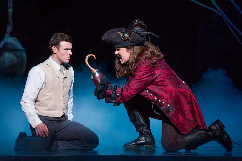 J.M. Barrie (Billy Harrigan Tighe) faces his creation Captain Hook (John Davidson) in "Finding Neverland." (Courtesy Jeremy Daniel)