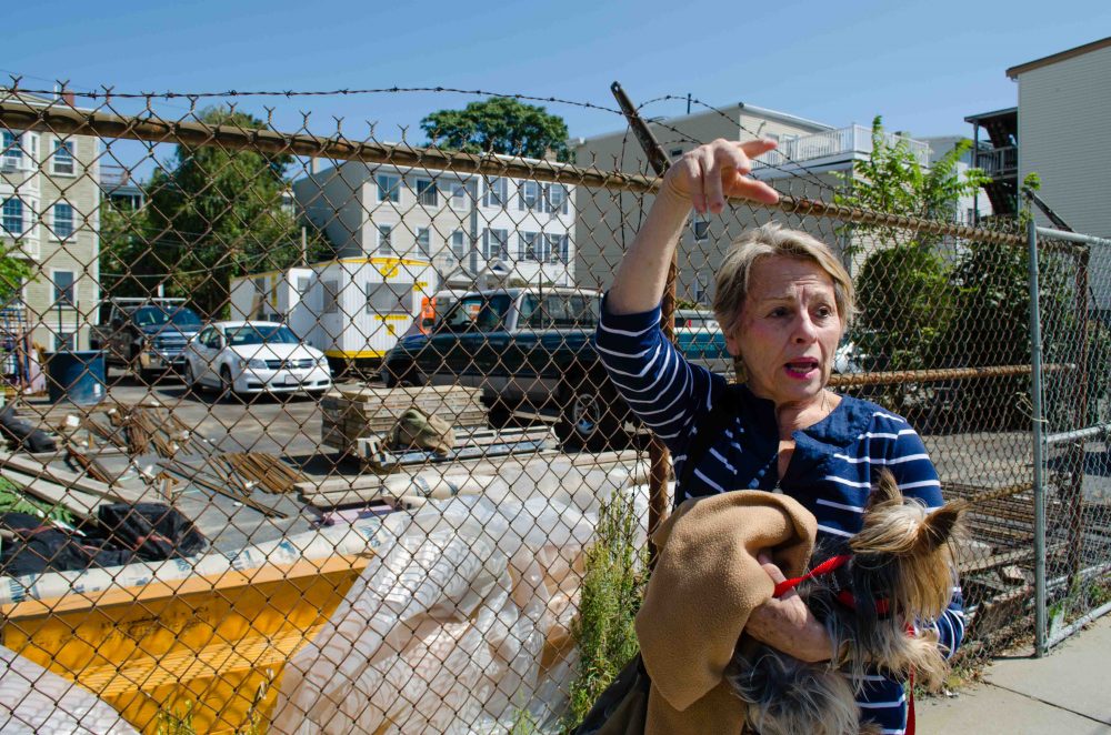 Modica stands in front of an empty lot where she played as a child. The property, which is located across the street from her childhood home, will eventually hold five new residences. (Elizabeth Gillis/WBUR)