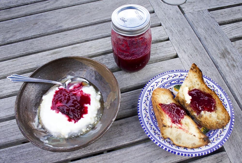 Kathy's plum conserves, which can be served on plain yogurt (left), buttered toast (right) and more. (Jackson Mitchell/Here & Now)