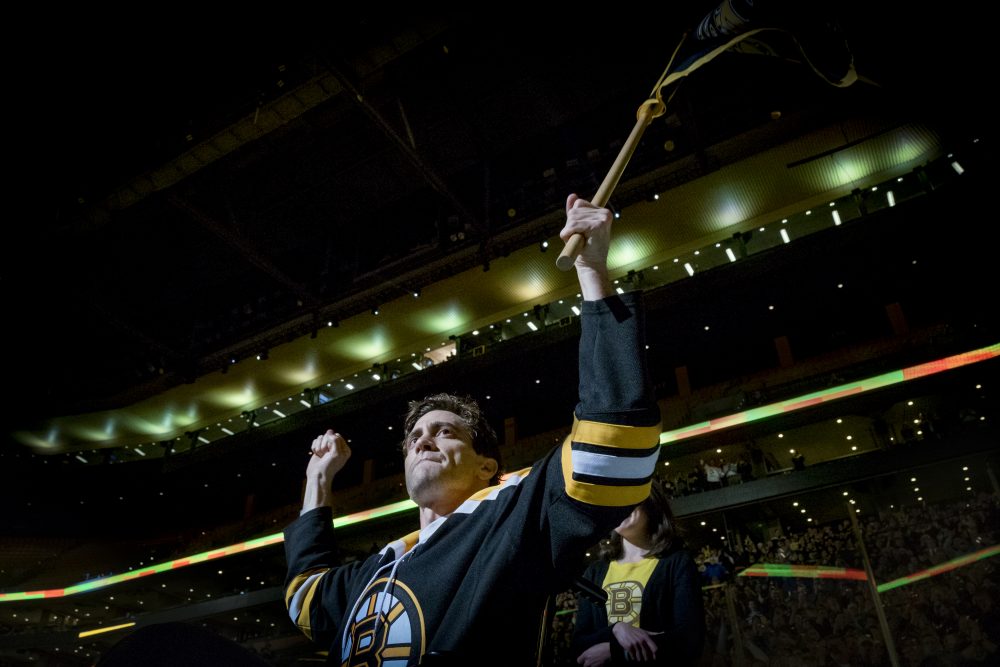 Jake Gyllenhaal in a still from "Stronger," as Jeff Bauman attending a Boston Bruins game after the Boston Marathon bombing. (Scott Garfield/Courtesy of Lionsgate and Roadside Attractions)