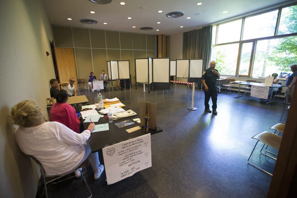 A quiet voting day at the Honan-Allston Library, as seen just before noon. (Jesse Costa/WBUR)
