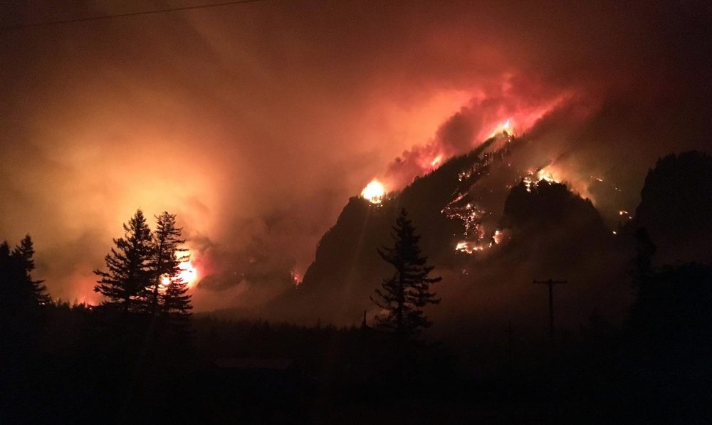 This Sept. 4 photo provided by Inciweb shows a wildfire burning in the Columbia River Gorge east of Portland, Ore. (Inciweb via AP)