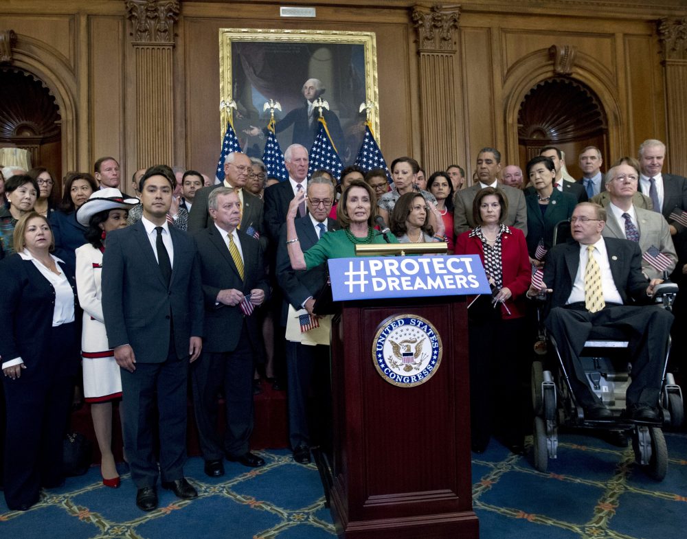 House and Senate Democrats gather on Capital Hill, on Wednesday, Sept. 6, 2017, to call for Congressional Republicans to stand up to President Trump's decision to terminate the DACA initiative by bringing the DREAM Act for a vote on the House and Senate Floor. (Jose Luis Magana/AP)