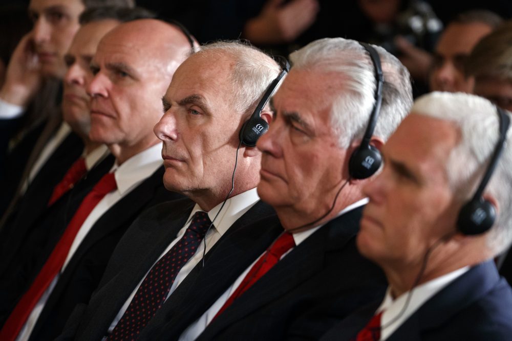 White House Chief of Staff John Kelly, third from right, listens during a news conference with President Trump and Emir of Kuwait Sheikh Sabah Al Ahmad Al Sabah in the East Room of the White House on Sept. 7. Also listening is Vice President Mike Pence, right, and Secretary of State Rex Tillerson. (Evan Vucci/AP)