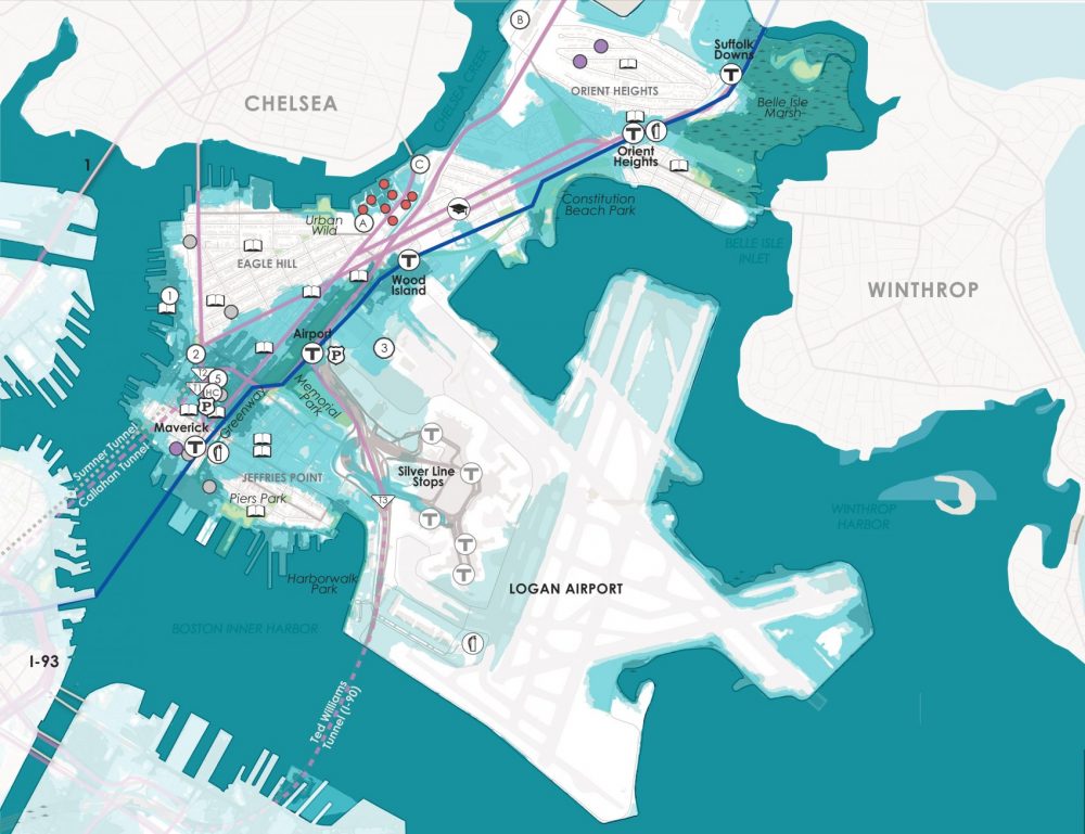 Inundación proyectada en East Boston durante una tormenta, a 36 pulgadas de elevación del nivel del mar (Cortesía de la Ciudad de Boston, "Climate Ready Boston")