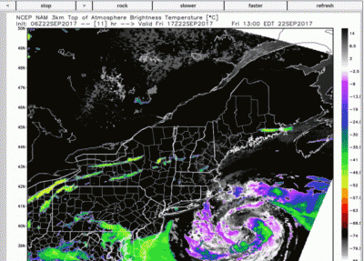 Clouds move east on Saturday setting up a very nice weekend. (Courtesy WeatherBell)