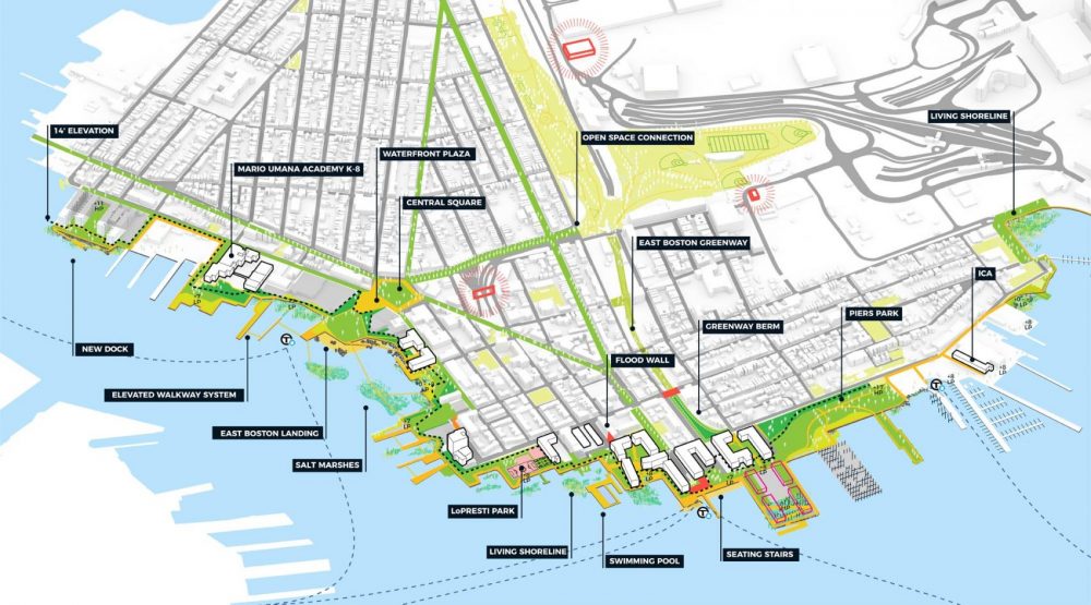 Diseño de un sistema de infraestructura de mitigación de inundación en East Boston. (Cortesía de Kleinfelder-Stoss)