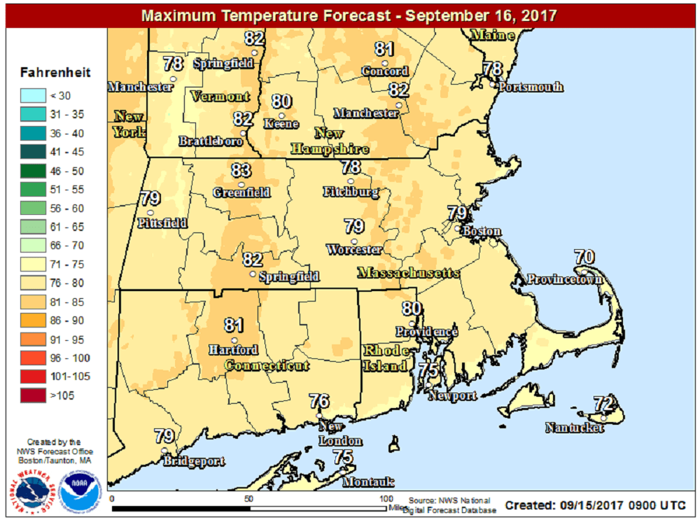 Saturday's highs reach well into the 70s and lower 80s. (Courtesy NOAA)