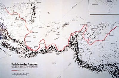 A map of the route from the "Paddle to the Amazon" book. (McClelland and Stewart, 1987)