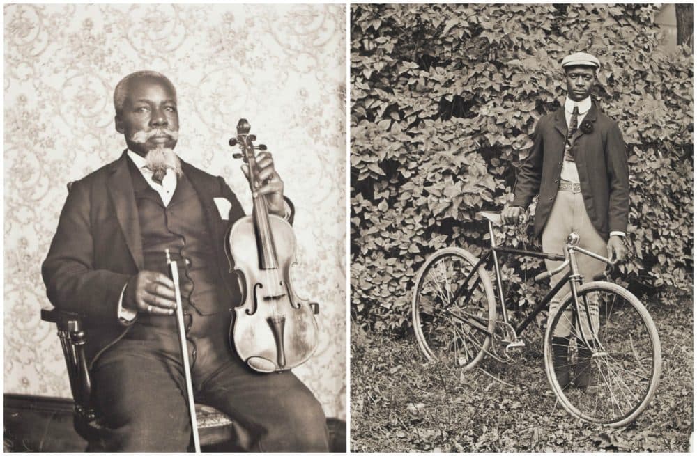 William Bullard's portraits of David T. Oswell with a viola and Isaac "Ike" Perkins with his bicycle. (Courtesy Frank Morrill)