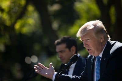 Greek Prime Minister Alexis Tsipras looks on as President Trump speaks during a joint press conference in the Rose Garden at the White House on Oct. 17, 2017, in Washington, D.C. (Drew Angerer/Getty Images)