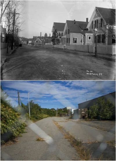Click to enlarge: On the top, William Bullard's turn-of-the-century photograph of the wooden houses lining Winfield Street. On the bottom, Winfield Street today, fenced off. (Courtesy Frank Morrill and Jesse Costa/WBUR)