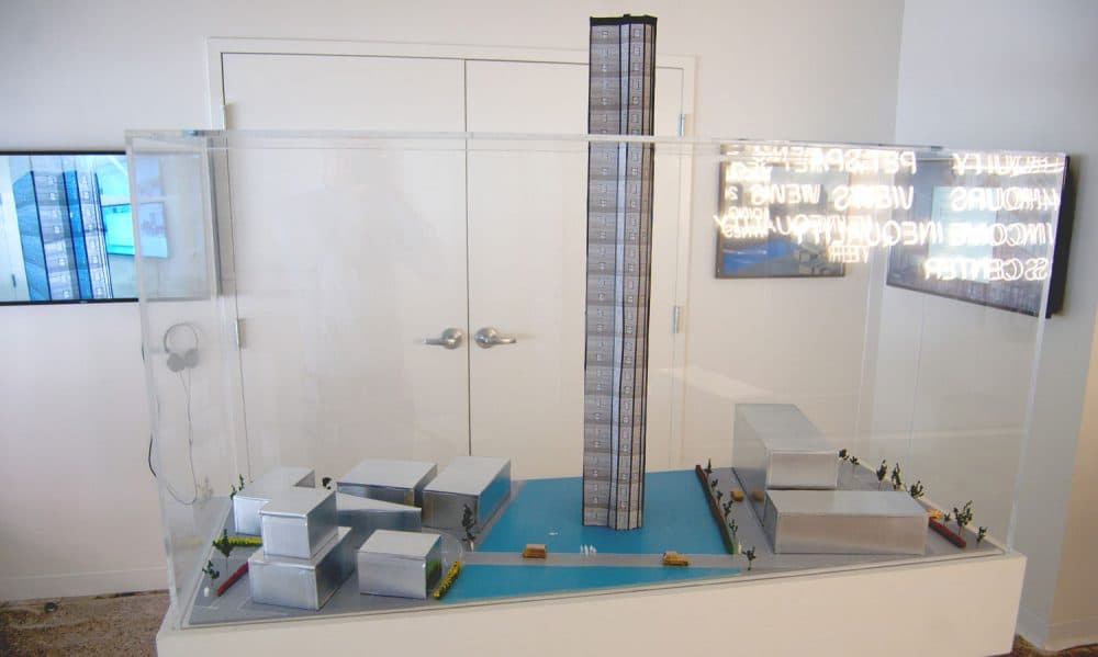 A model of Pat Falco's proposed "Luxury Waters" condo tower. (Greg Cook/WBUR)