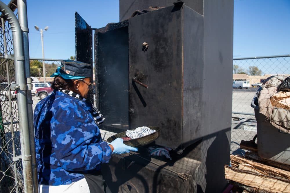 Deborah Jones working the pit at Jones BBQ in Kansas City, Kan. (Dean Russell/Here & Now)