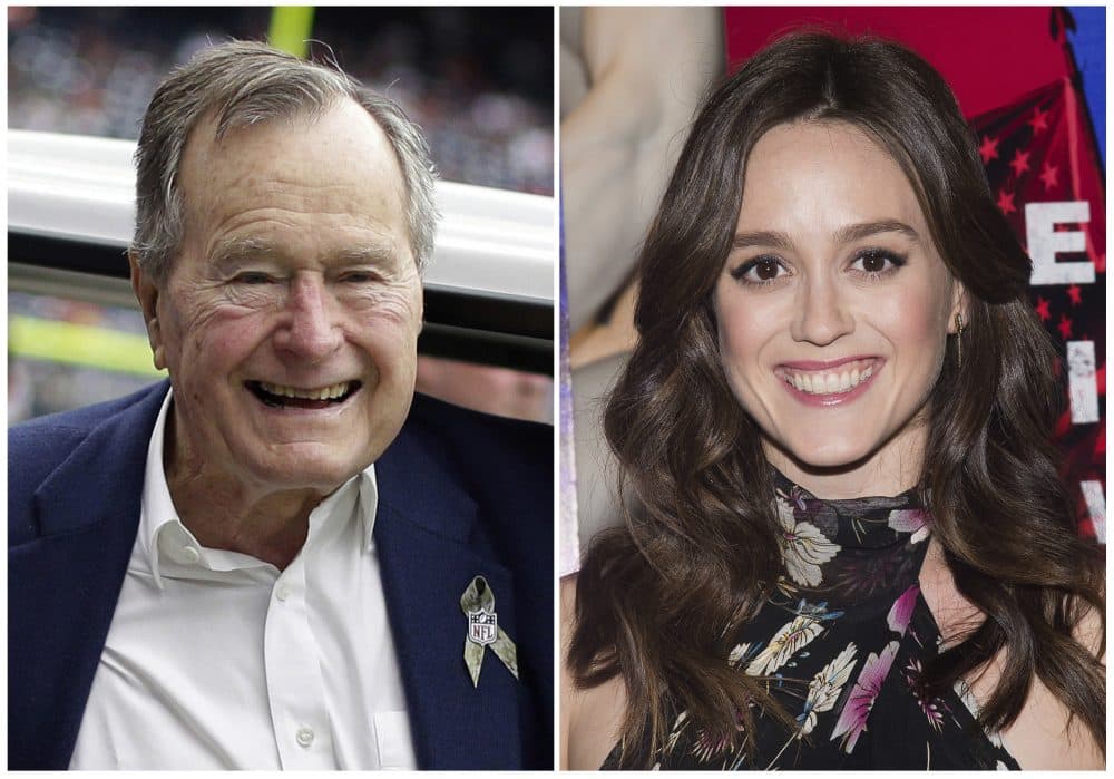 Former president George H.W. Bush at an NFL football game Nov. 4, 2012, left, and actress Heather Lind at a premiere event in New York April 20, 2016. Lind accused Bush of touching her from and telling her a dirty joke in 2014. The former president's office apologized Wednesday and offered an explanation. (AP)