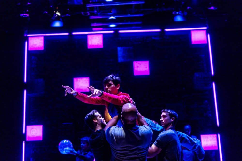 Eliott Purcell and the ensemble of "The Curious Incident of the Dog in the Night-Time." (Courtesy Nile Scott/SpeakEasy Stage Company)